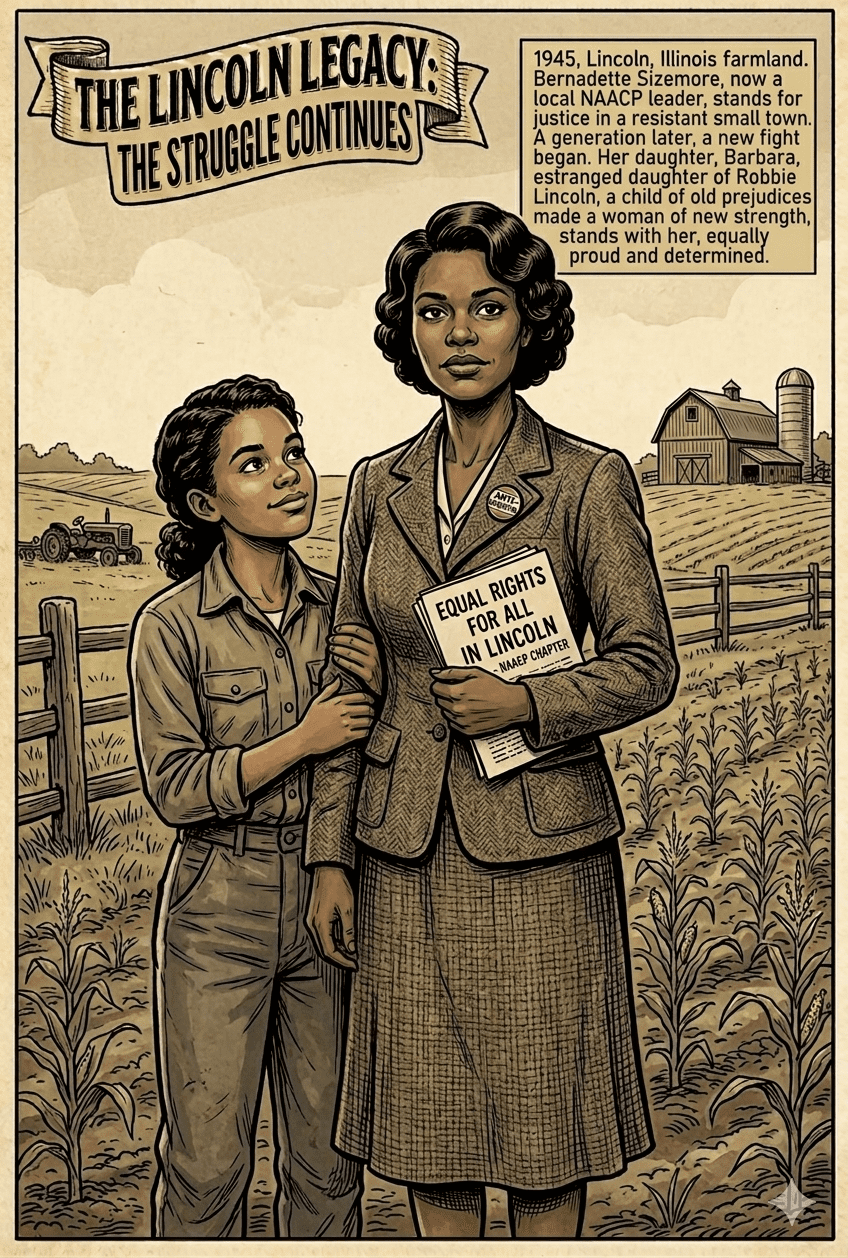 Woman and girl stand in farmland, 1945.