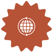 Red badge with a globe icon.