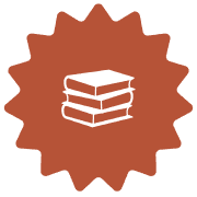 Icon of stacked books on starburst background.